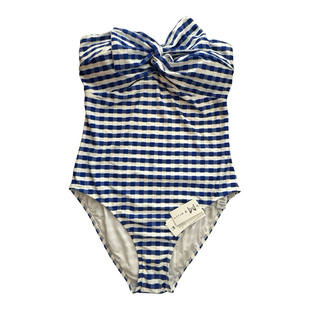 New Milly Womens Jacquard Cottage Bow Blue Gingham One-Piece Swimsuit Large - Picture 8 of 14